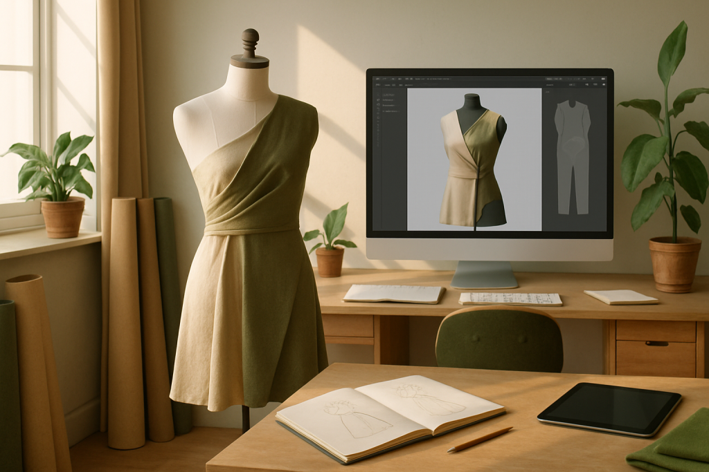 2025 moda trendlerini temsil eden dijital tasarım ve sürdürülebilir kumaşlarla dolu modern bir moda atölyesi sahnesi.